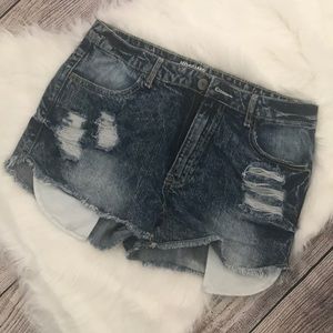 High rise acid wash distressed jean shorts